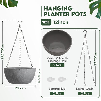 T4U Hanging Planters for Indoor Plants, 10 Inch Hanging Planter Outdoor 2 Pack, Hanging Basket with Drainage Holes, Hanging Plant Holder Indoor, Flower Pots, Plant Pots for Garden, Grey