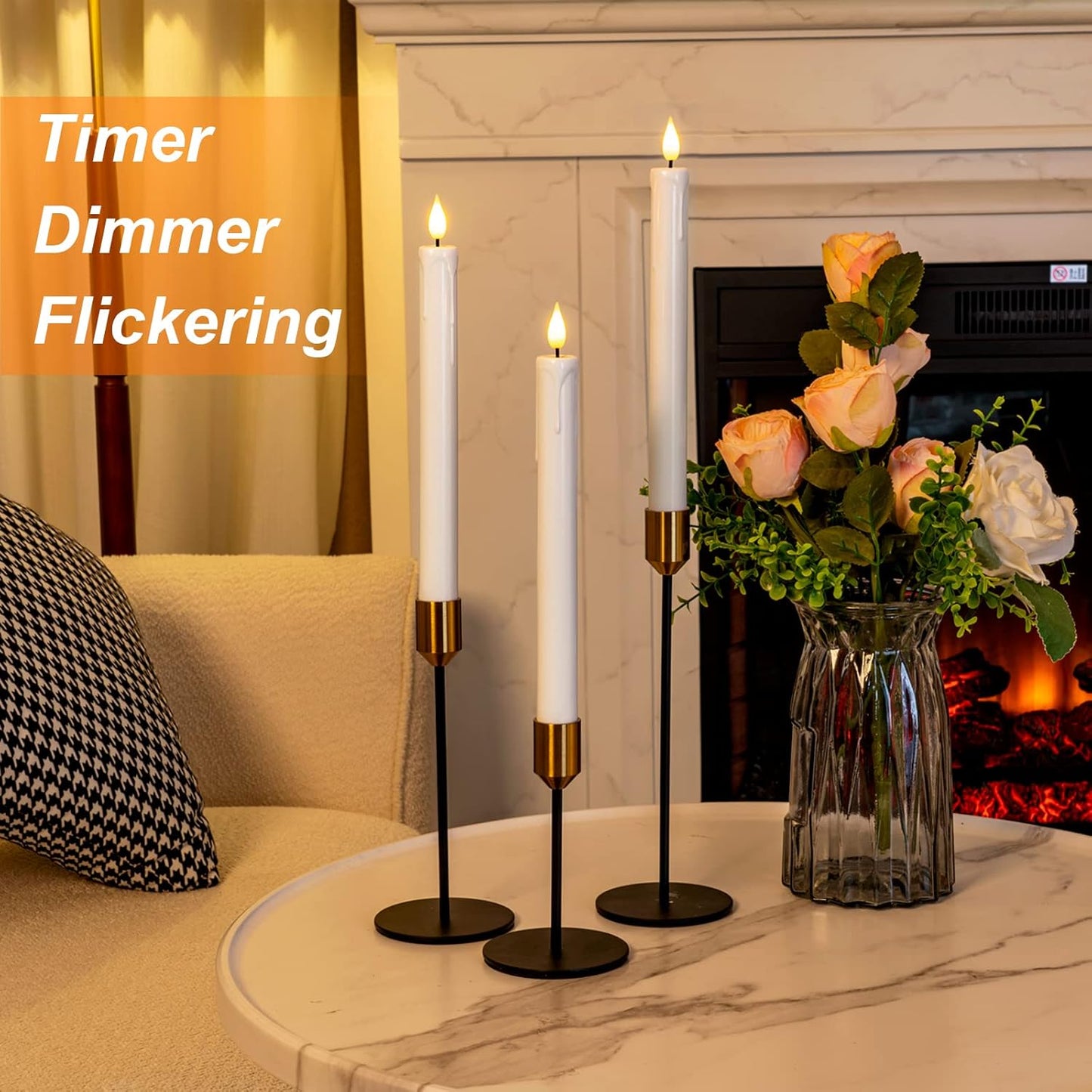 Homemory 6 Pcs Flameless Taper Candles with Remote, Timer, Dimmer, Ivory Battery Operated CandleSticks with Flickering Light, Plastic Led Window Candles, 9.6 Inches for Halloween Christmas Decoration