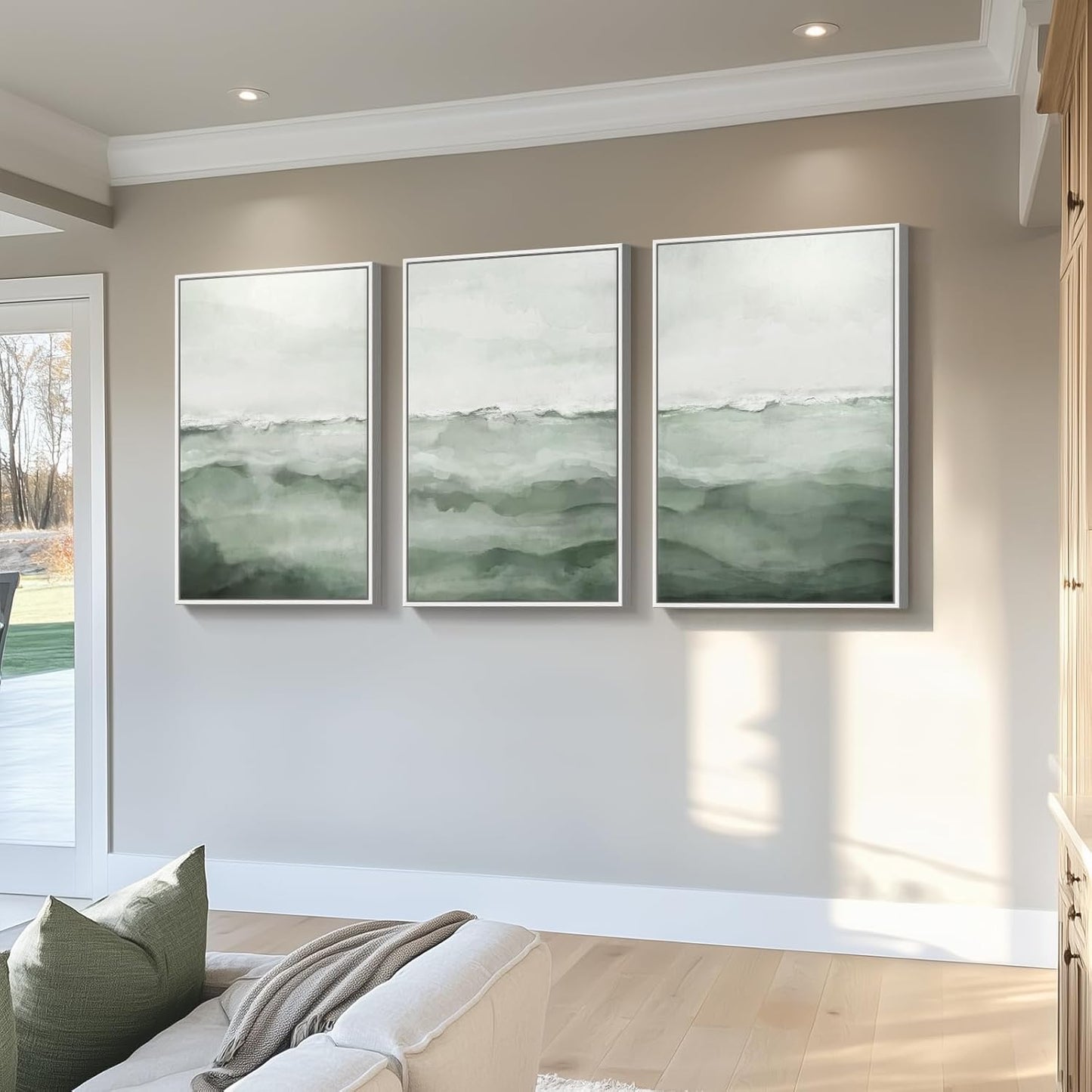 Large Framed Abstract Nature Landscape Wall Art for Living Room, Set of 3 Modern Canvas Prints Paintings Artwork for Walls, Green Lake Pictures for Hallway, Dining Room, Office Wall Decor 24x36 Inch