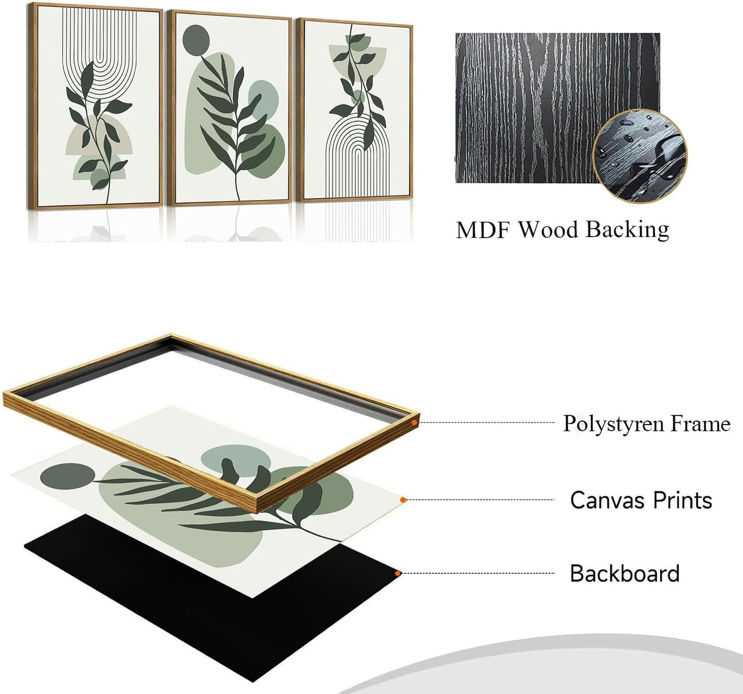 Bwodke Boho Wall Art, Framed Abstract Wall Art, Green Botanical Neutral Canvas Wall Decor, Large Mid Century Plant Pictures Set of 3, Modern Minimalist Paintings, for Bedroom Living Room Bathroom