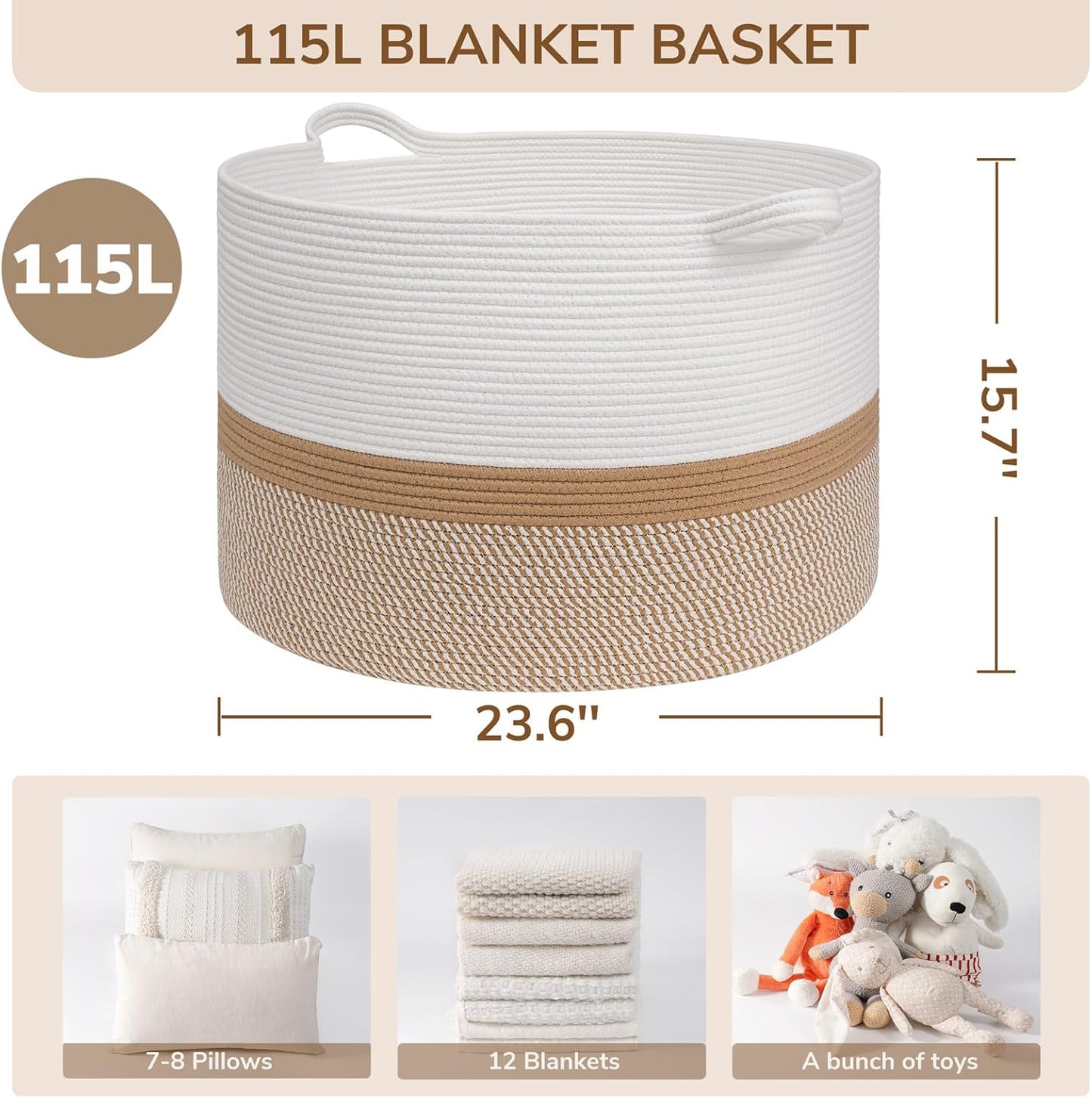 INDRESSME XXXLarge Blanket Basket for Living Room 21.7" x 21.7" x 13.8"-Storage Basket with Handle for Organizing Toy Pillows Woven Cotton Rope Laundry Basket Stuffed Animal Toy Storage for Play Room