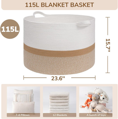 INDRESSME XXXLarge Blanket Basket for Living Room 21.7" x 21.7" x 13.8"-Storage Basket with Handle for Organizing Toy Pillows Woven Cotton Rope Laundry Basket Stuffed Animal Toy Storage for Play Room
