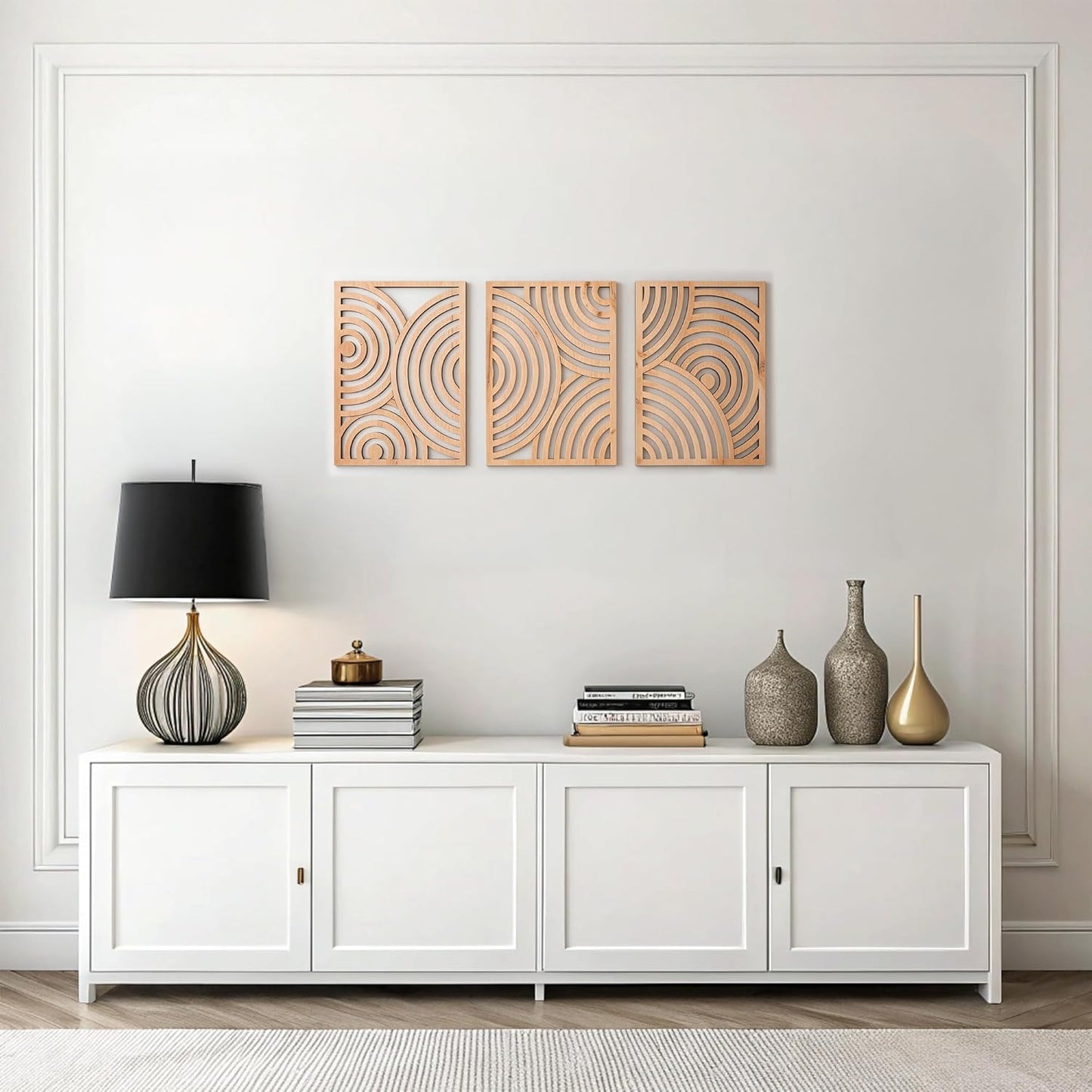 qmmp Modern Wooden Wall Sculptures - Set of 3 - Home Decor Accent - Large Wall Art for Living Room, Bedroom, Office - Easy Installation (Oak, Medium - Mountain and Sun)