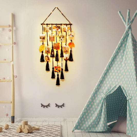 Homecor Hanging Photo Display Wall Decor, Macrame Wall Hanging Boho Room Bedroom Decor, Picture Frame Collage Board with Light 30 Clip, Christmas Teenage Teen Girl Gifts Ages 10 11 12 13 14 Years Old