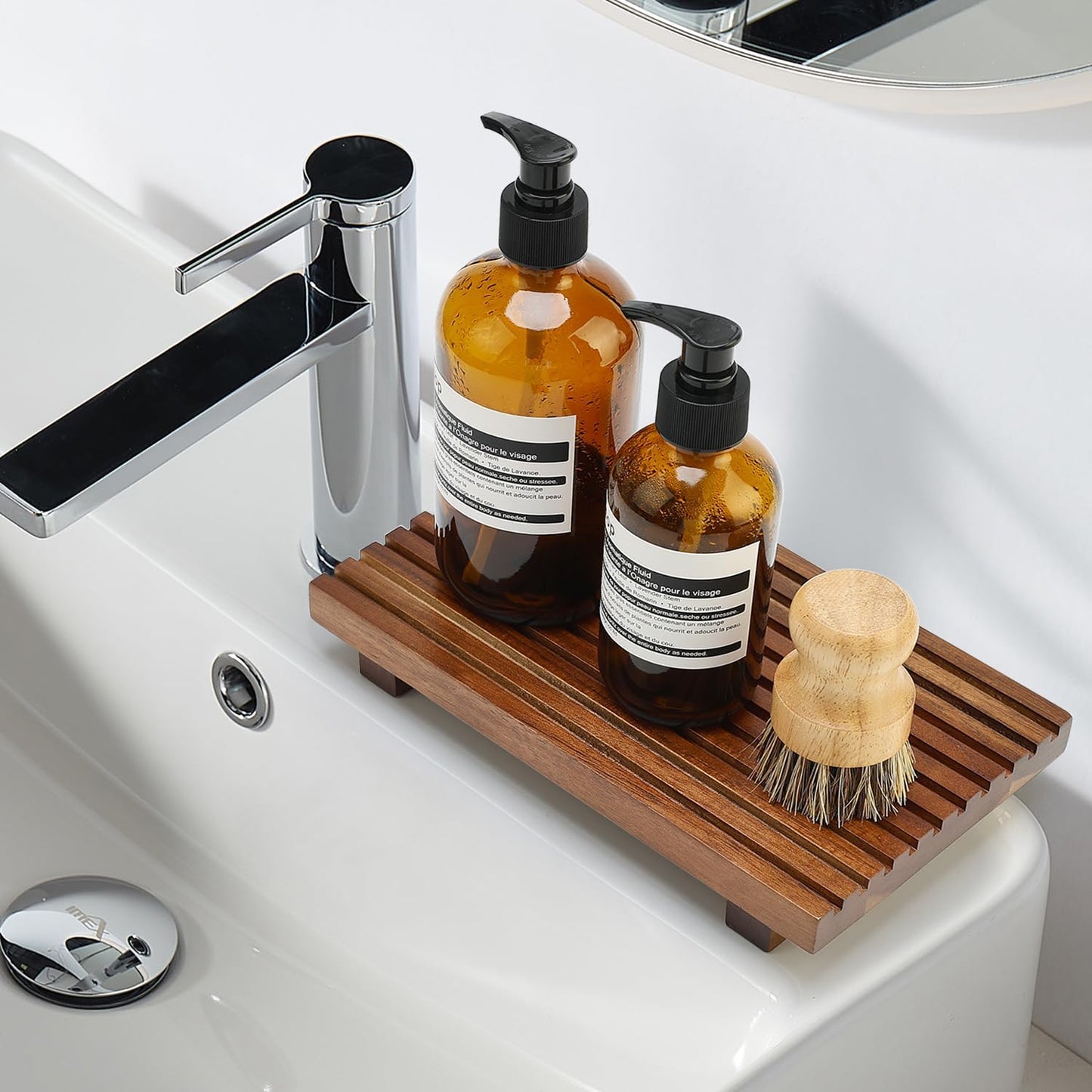 Acacia Wood Riser for Bathroom Sink Tray Kitchen Counter Decor Trays Pedestal Stand Sponge Soap Dish Holder Decorative Wooden Risers for Kitchen Sink Soap Tray Vanity Bathroom Countertop Accessories