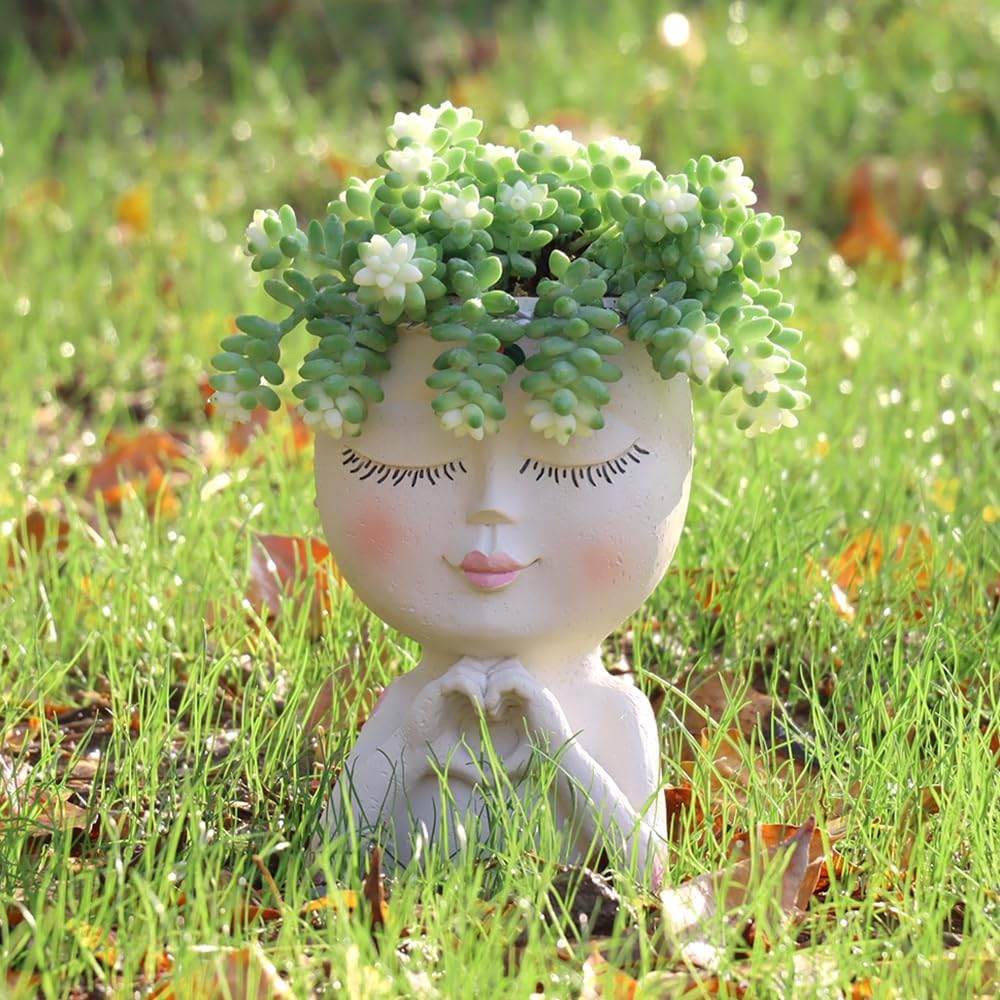 Face Planter Pot with Heart Hands, Resin Head Planter for Indoor Plants, Cute Succulent Pots with Drainage Hole, Gardening Gifts for Women Mom Teacher, 7.3" Home Decor (Brown)