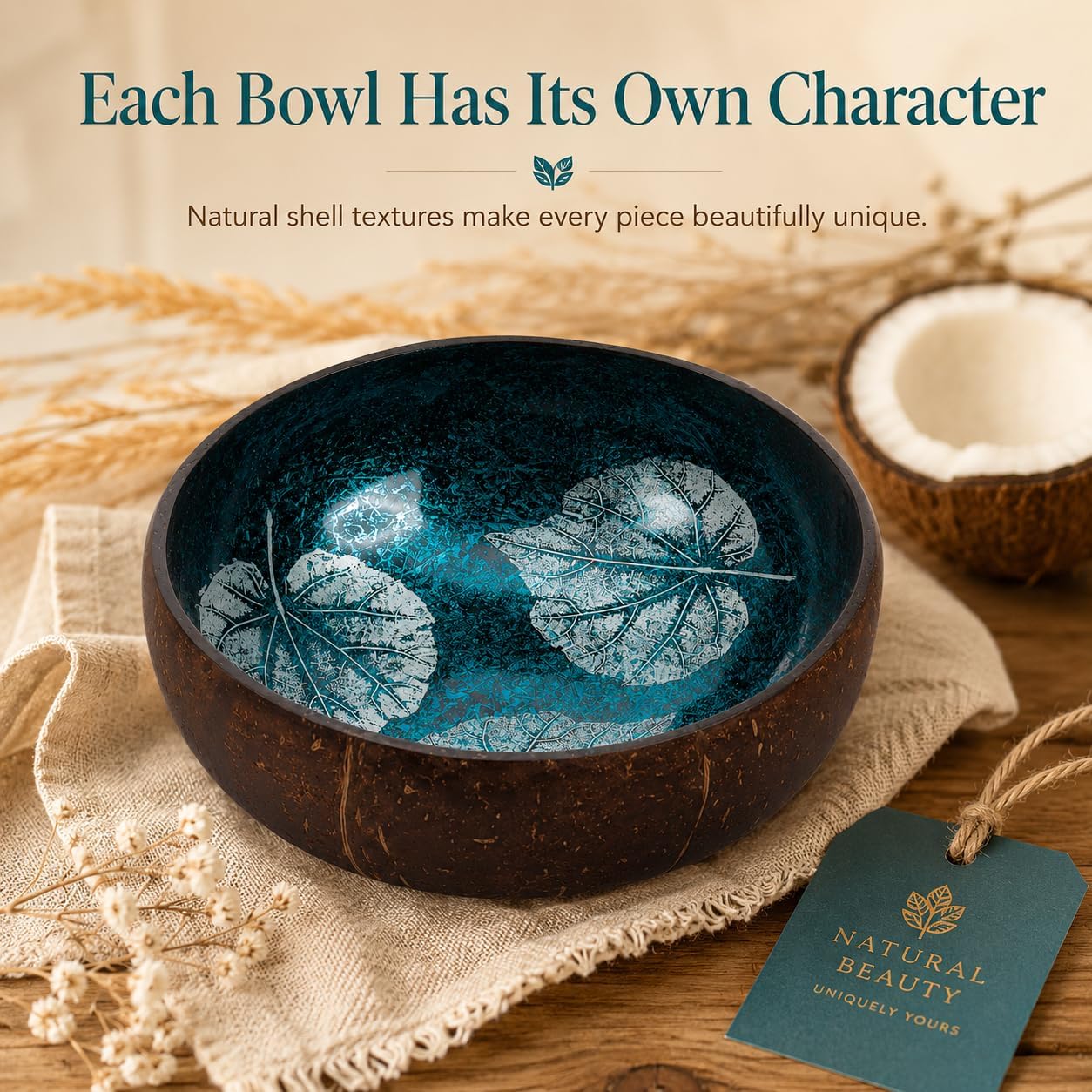 ChezMax Natural Coconut Bowl with Mother of Pearl Inlays - Key Bowl & Fruit Snack Holder (Blue-Gold)