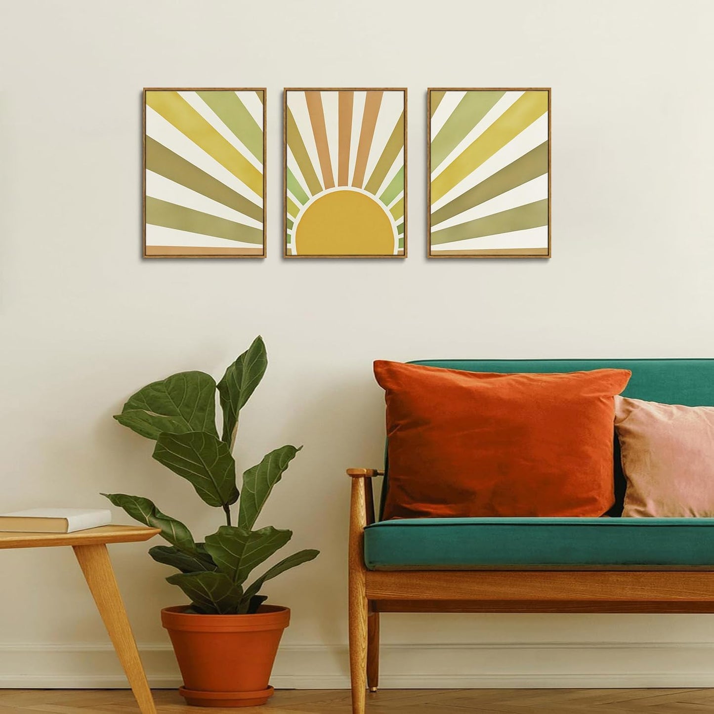 Bwodke Boho Wall Art, Framed Abstract Wall Art, Green Botanical Neutral Canvas Wall Decor, Large Mid Century Plant Pictures Set of 3, Modern Minimalist Paintings, for Bedroom Living Room Bathroom