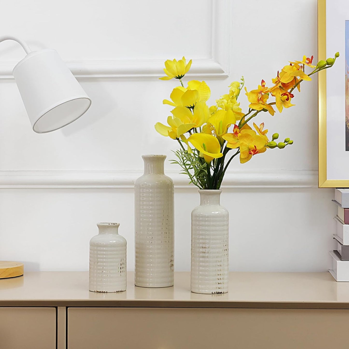 Modern Ceramic Vase Set of 5, Vases Home Decor Rustic Farmhouse Decorative Vase Pottery Vases for Bouquet Pampas Grass Dried Fresh Flowers, Table Living Room Kitchen Bedroom