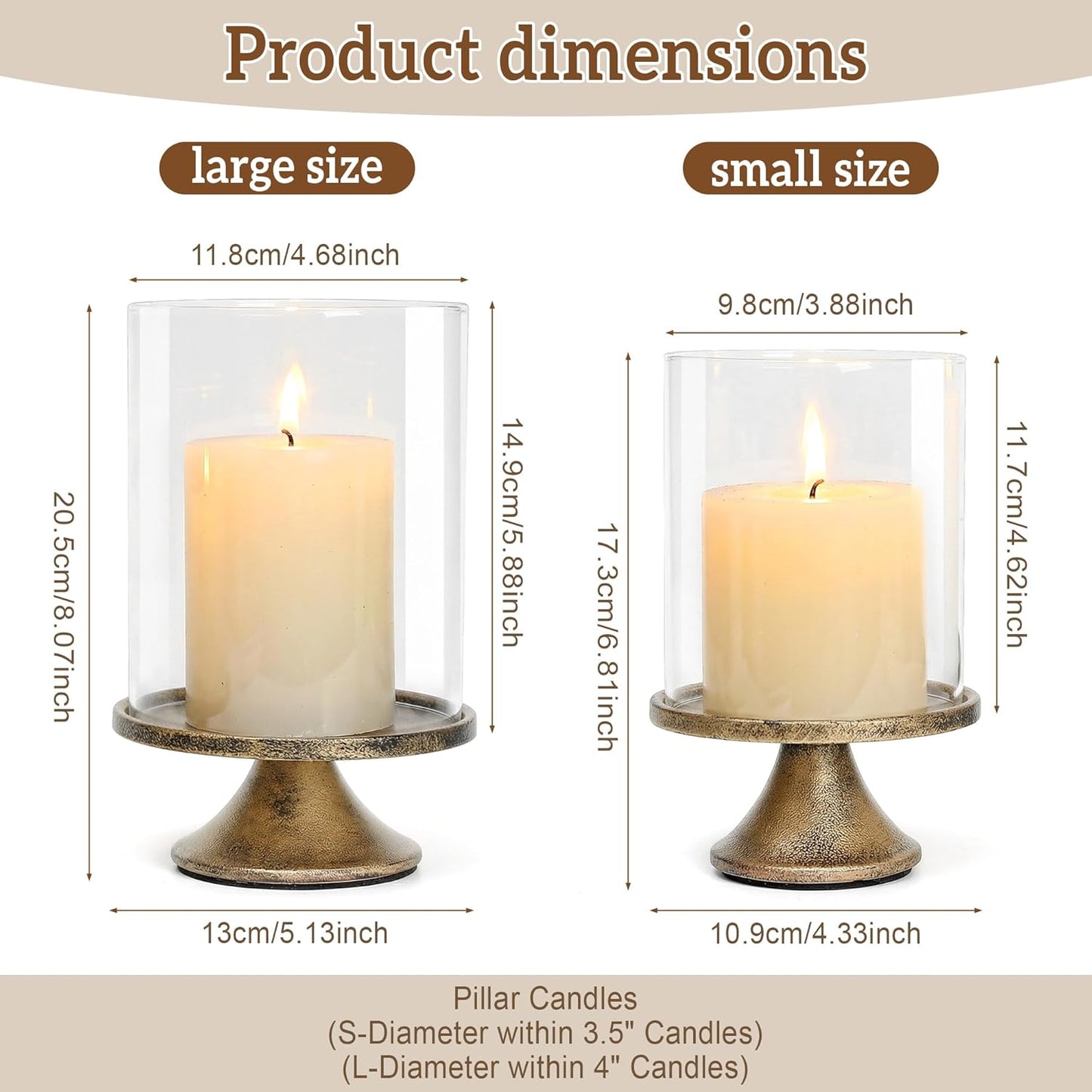 Set of 2 Hurricane Candle Holder Set with Glass Dome & Iron Base – Elegant Decorative Pillar Candle Holders for Living Room, Dining Room & Bedroom Centerpiece - Ideal Home Décor