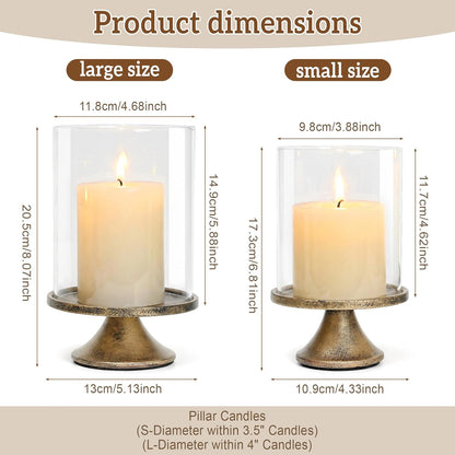 Set of 2 Hurricane Candle Holder Set with Glass Dome & Iron Base – Elegant Decorative Pillar Candle Holders for Living Room, Dining Room & Bedroom Centerpiece - Ideal Home Décor