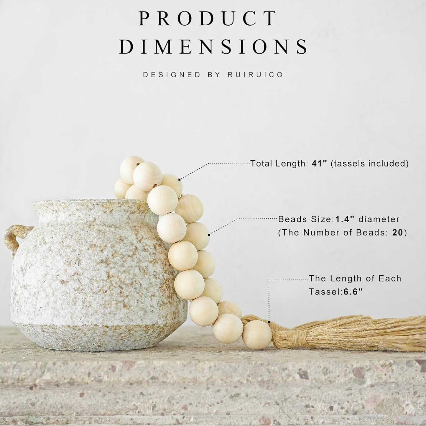 Extra Large Wood Bead Garland with 1.4" Diameter Wood Beads, Wooden Beads Garland with Tassels, Decorative Beads Home Decor, Farmhouse Beads Decor (Natural, 50 Inches)