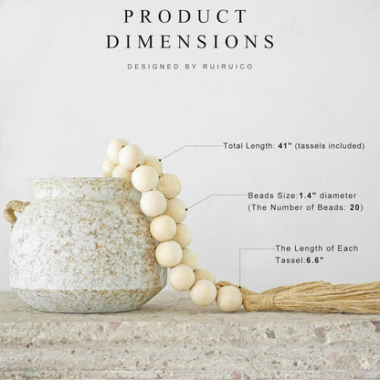 Extra Large Wood Bead Garland with 1.4" Diameter Wood Beads, Wooden Beads Garland with Tassels, Decorative Beads Home Decor, Farmhouse Beads Decor (Natural, 50 Inches)