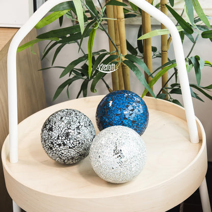 4in Decorative Mosaic Sphere Orbs Set of 3, Glass Balls for Whole Housewares,Wedding/Birthday,Bowls,Vases Dining Table Centerpieces(Silver,Black,Blue)