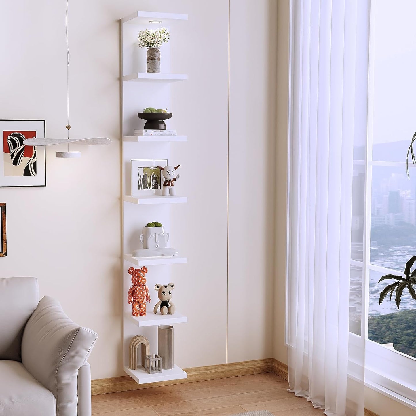 LitaEther Versatile 7 Tier Wall Shelf Unit,White Lack Wall Shelf,Display Floating Shelf with LED Remote Control Light