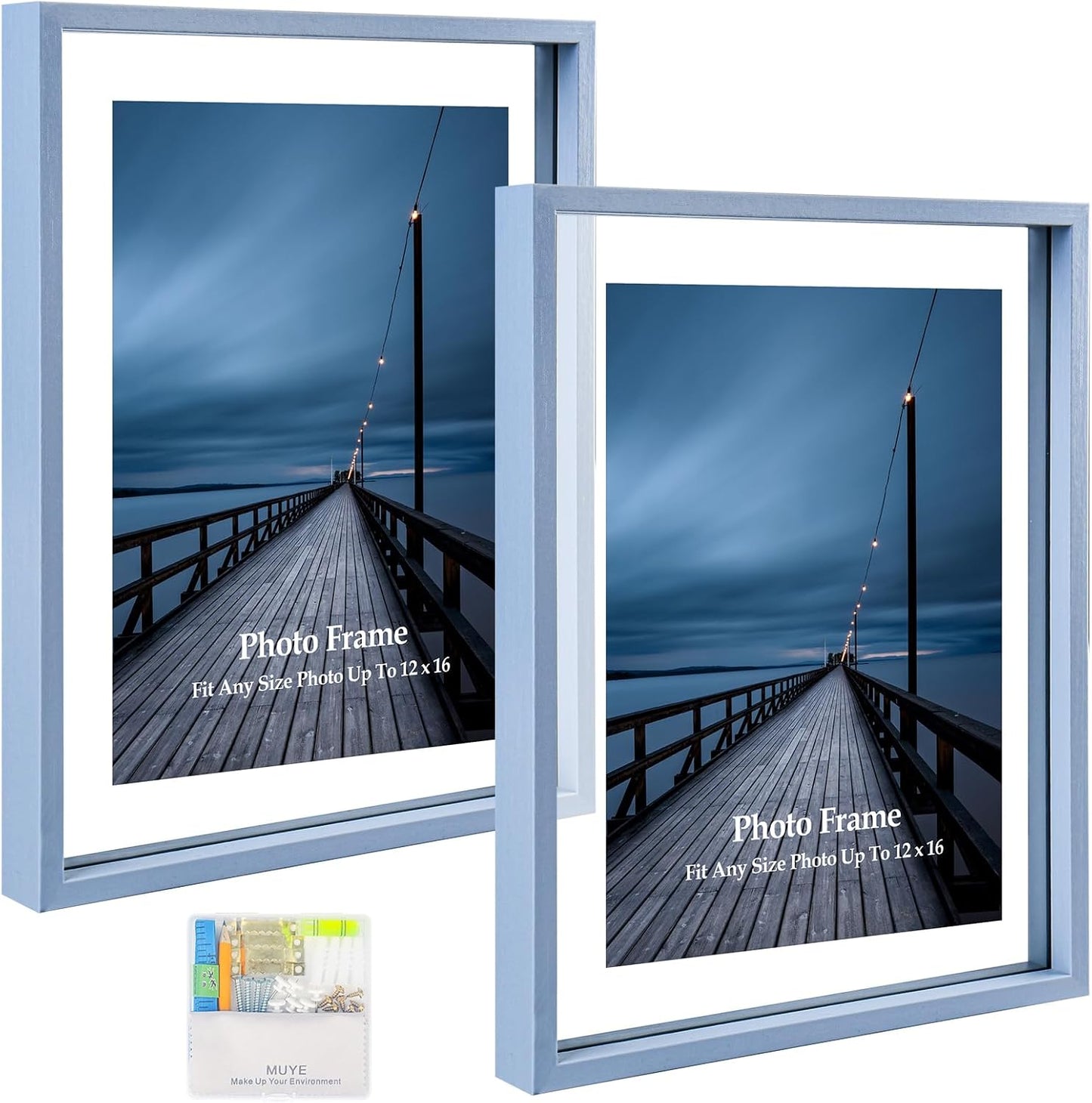 MUYE 11x14 Floating Frame Set of 2,Double Glass Rustic Frame,Display Any Size Photo up to 11x14,Wall Mount or Tabletop Standing,Natural