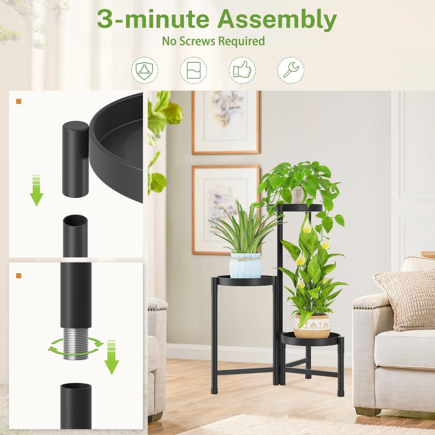 iDavosic.ly Plant Stand Indoor Outdoor, 5 Tier Corner Metal Flower Display Holder Shelf, Folding Tall Orchid Rack for Patio Balcony Porch Garden Living Room House, Black