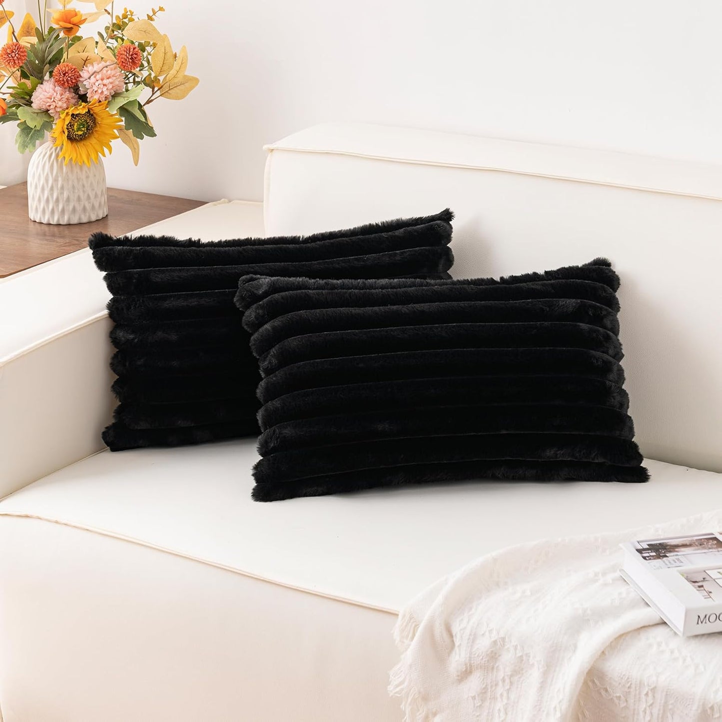 Aegero Pack of 2 Faux Fur Christmas Throw Pillow Covers 18x18 Inch, Soft Plush Striped Neutral Couch Pillow Cover, with Velvet Back Modern Home Decor for Sofa Living Room Couch Bed Cream White