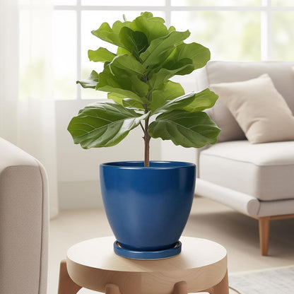 10 Inch Ceramic Planter Pot Round Plant Pot for Indoor Plants Outdoor Large Flower Pot with Drainage Hole and Saucer Blue