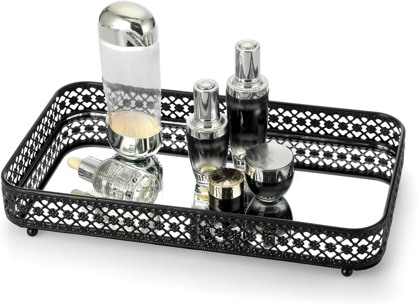 ELLDOO Perfume & Makeup Vanity Tray - Hollow-Carved Jewelry Storage, Glass & Metal Trinket Organizer for Dresser & Bathroom Countertop, Gold, Medium Size