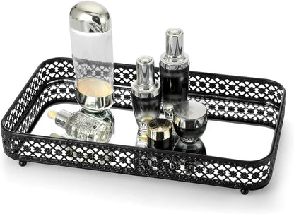 ELLDOO Perfume & Makeup Vanity Tray - Hollow-Carved Jewelry Storage, Glass & Metal Trinket Organizer for Dresser & Bathroom Countertop, Gold, Medium Size