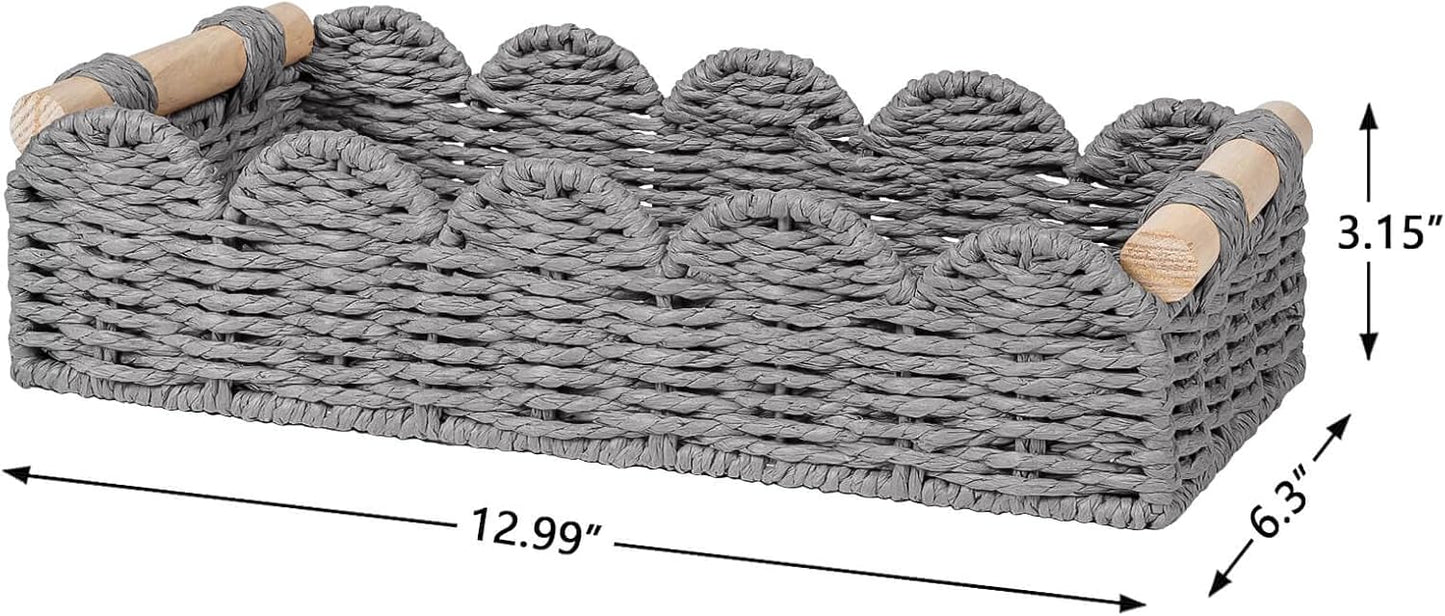 CubesLand Paper Rope Scalloped Edge Toilet Paper Storage Basket, Small Living Room, Bedroom Decor Baskets for Over Toilet Storage Shelf, End Table, Shelves and More, with 2 Wooden Handle, Neutral
