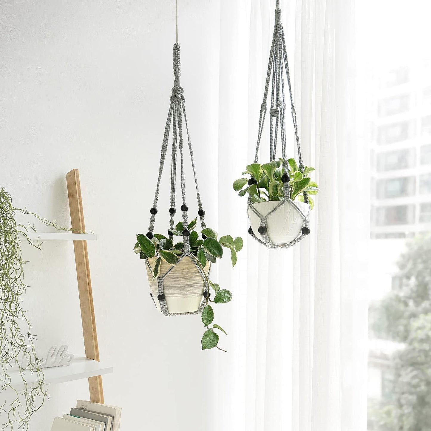 Mkono 3 Pack Macrame Plant Hangers Indoor Different Size Hanging Planter Basket Flower Pot Holder with Beads No Tassels 35"/29"/23", Medium, Brown