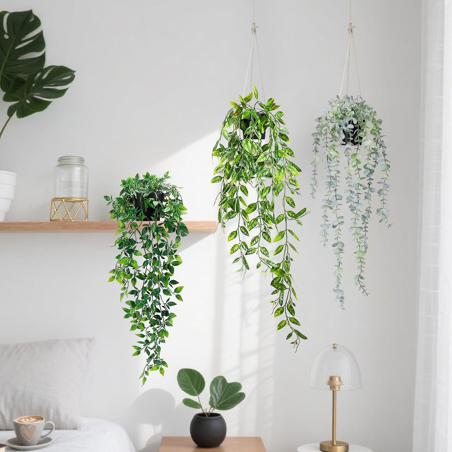 Clearain 1pcs Fake Hanging Plants, Artificial Small Potted Plants, Mini Faux Succulent Plant for Indoor Outdoor Aesthetic Office Living Room Shelf Home Decor (Eucalyptus leaves-1pcs)