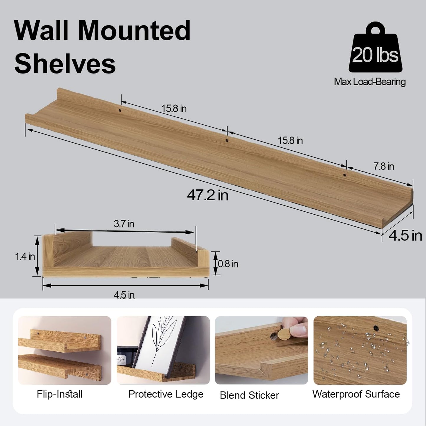 White Floating Shelves for Wall Decor, Wall Mounted Wood Storage Shelf for Bedroom, Living Room, Bathroom, Kitchen, Nursery, Display Picture Ledge Shelf with Lip Set of 2-14 Inches, White