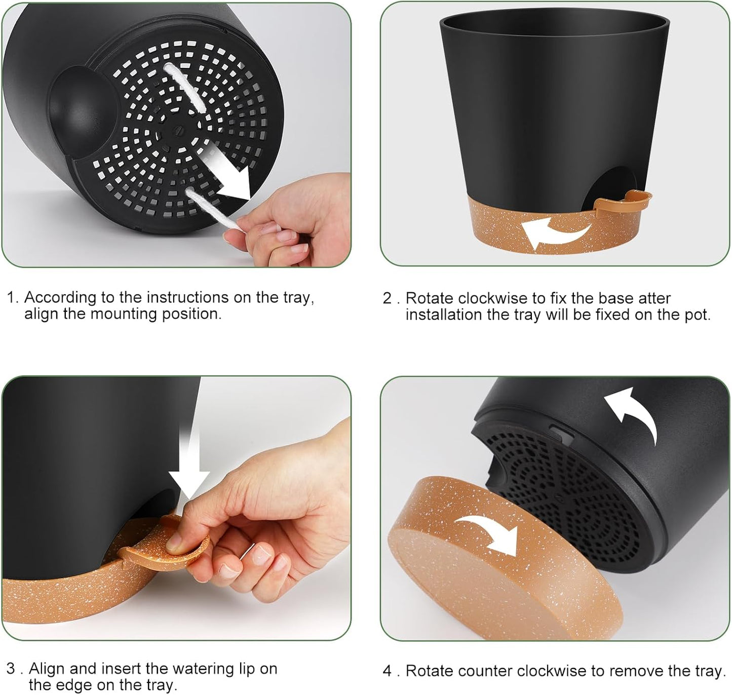 YNNICO Indoor Self Watering Planters with Drainage Holes and Saucers, 8, 7, 6.5, 6, 5.5, 5 Inches, Black, 6 Pots
