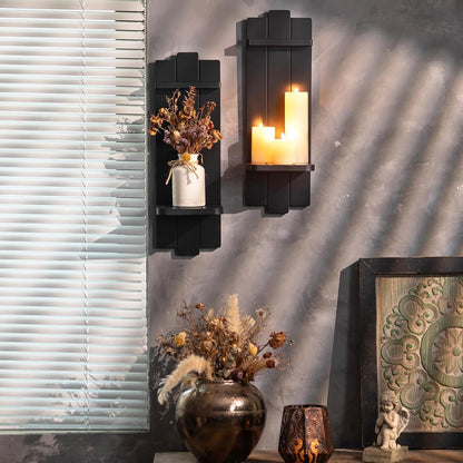 Candle Sconces Black Wall Decor Set of 2 - Wood Wall Candle Holders Set of Two for Small Plants Pillar Candles Tealight - Gothic Distressed Decor for Living Room