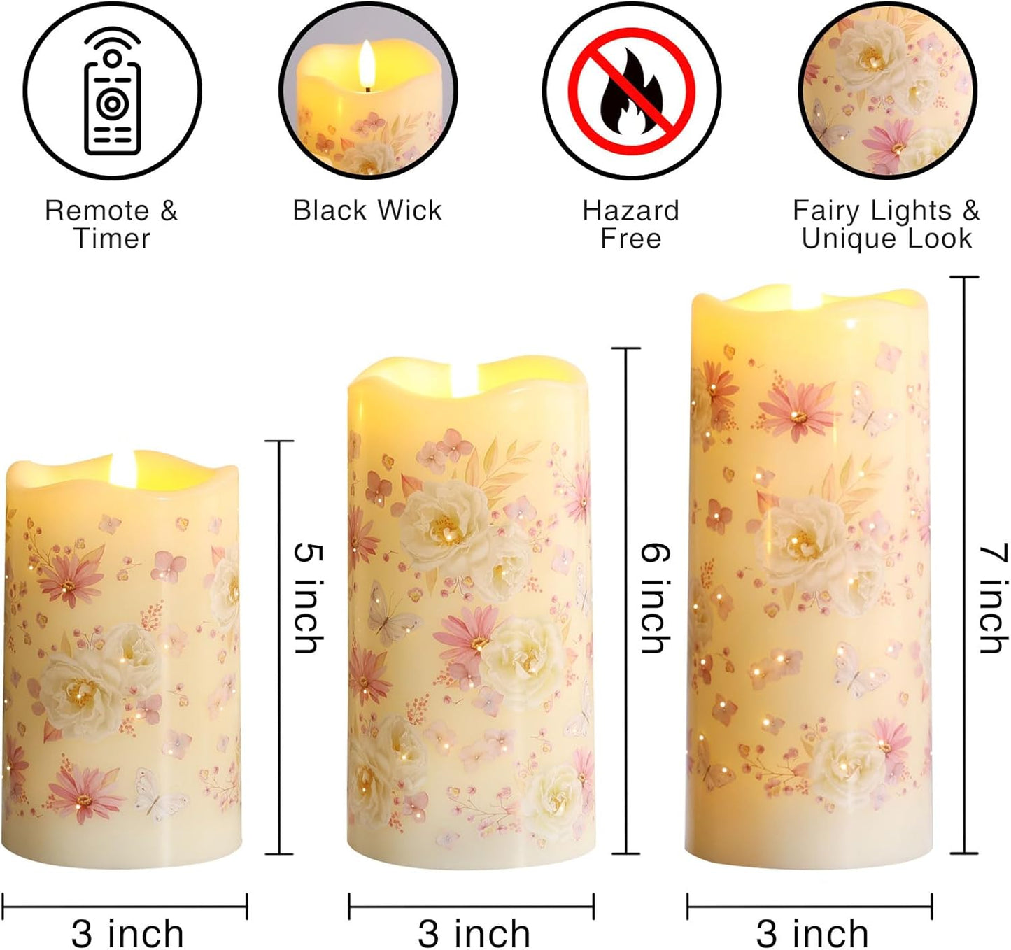 Eywamage Fiber Optic Flameless Pillar Candles with Remote Set of 3, Butterfly Floral Spring LED Candles Battery Operated Gift Φ 3" H 6"