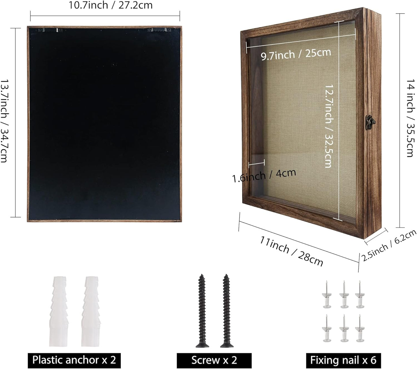 GraduationMall 13x16 Wood Shadow Box Frame Glass Door Display Case with Linen Back and 6 Stick Pins,1.5 inches Interior Depth,Ideal for Memorabilia Pictures Flowers Medals Tickets Rustic White