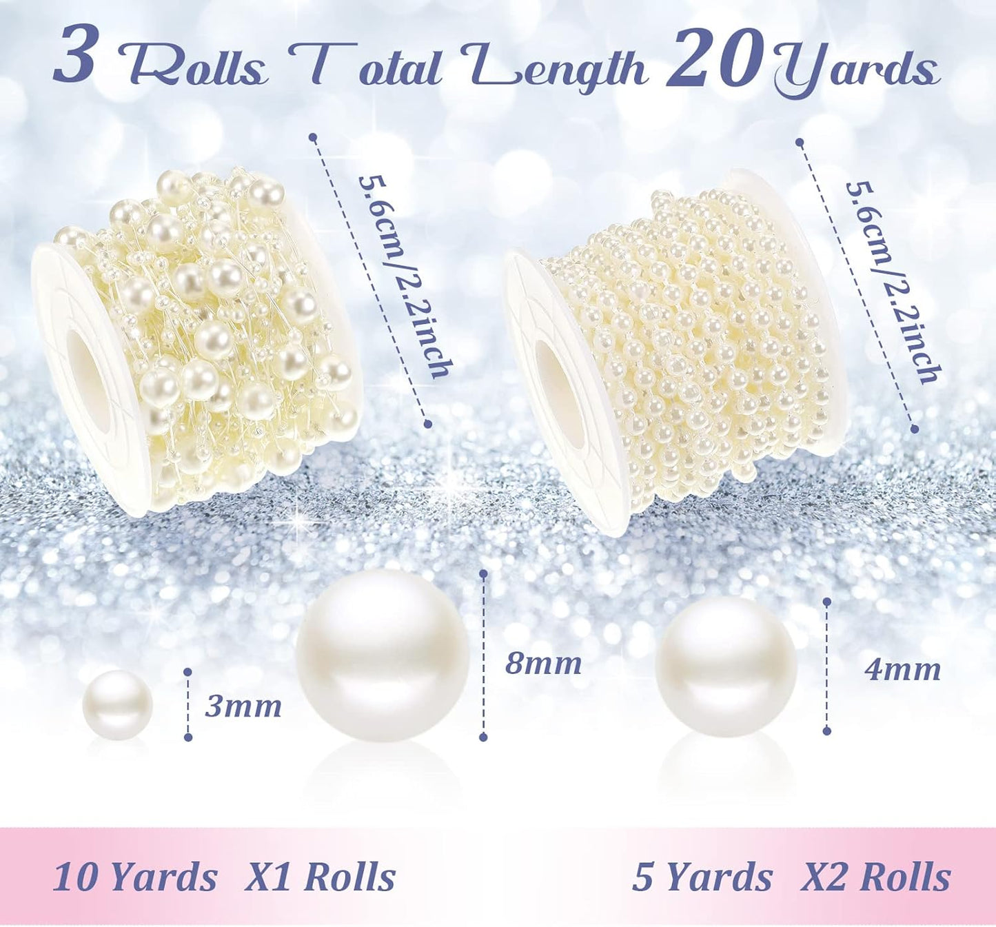 Bonuci 3 Rolls 66 Feet Pearls String Garland Faux Pearl Garland Spool Roll Strand Decoration Artificial Beads Chain Trim for Wedding Party Crafting Wedding Mother's Day Flower Decor(Ivory,4mm)