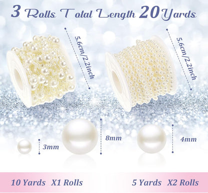Bonuci 3 Rolls 66 Feet Pearls String Garland Faux Pearl Garland Spool Roll Strand Decoration Artificial Beads Chain Trim for Wedding Party Crafting Wedding Mother's Day Flower Decor(Ivory,4mm)