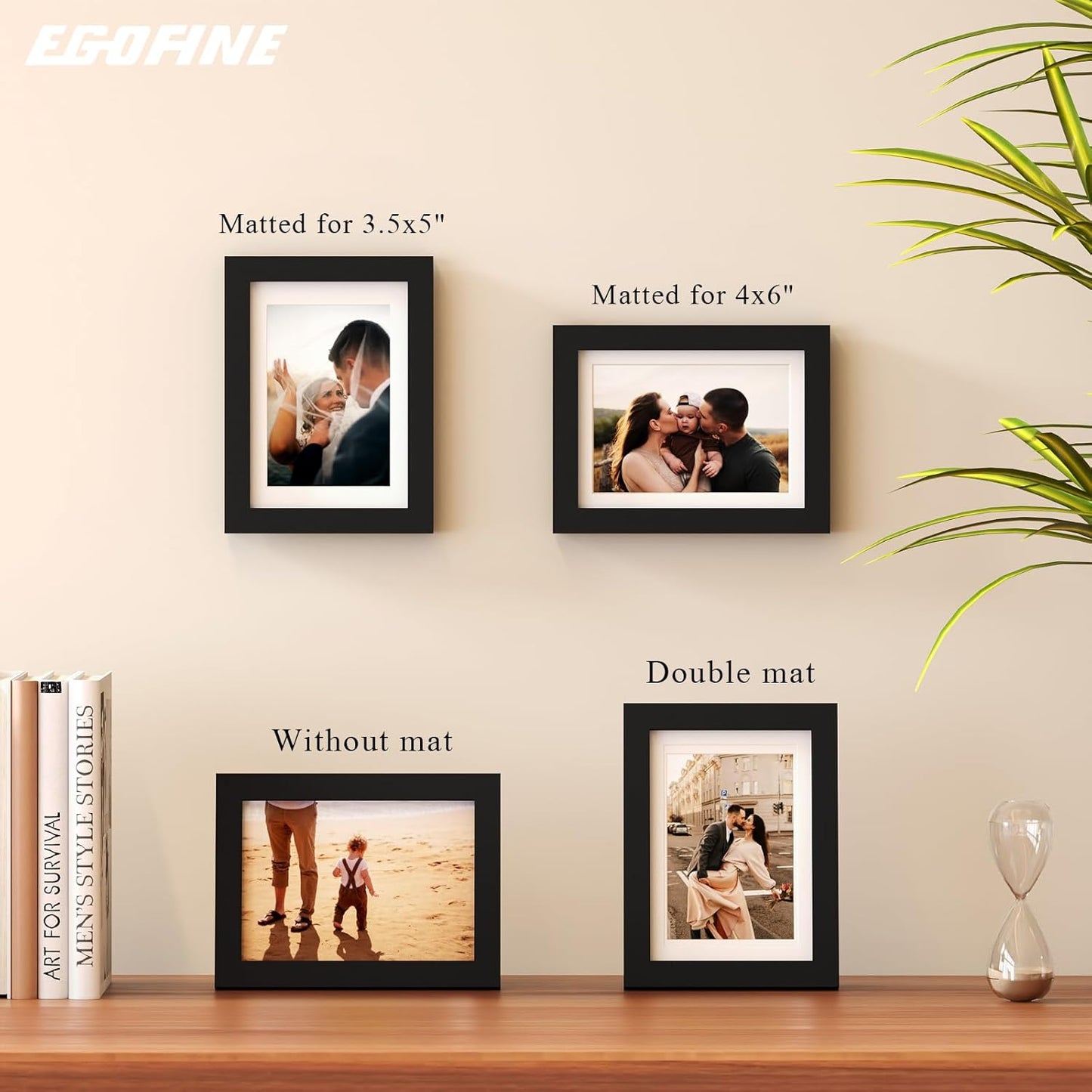 Egofine 12x16 Picture Frame Black, Covered by Plexiglass Made of Solid Wood, Display Pictures 9x12 and 11x14 with Mat or 12x16 Without Mat, for Wall Mounting Photo Frame - Colors B