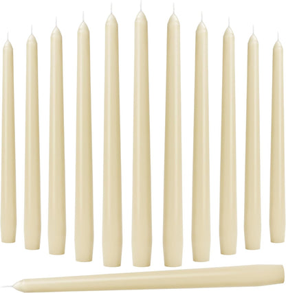 10-Inch Ivory Taper Candles - Dripless Smokeless Tapered Candle Cream Unscented Candlesticks Paraffin Wax Long Slow Burning Tall Candle Sticks for Dinner Business Wedding Restaurants 12 Pack