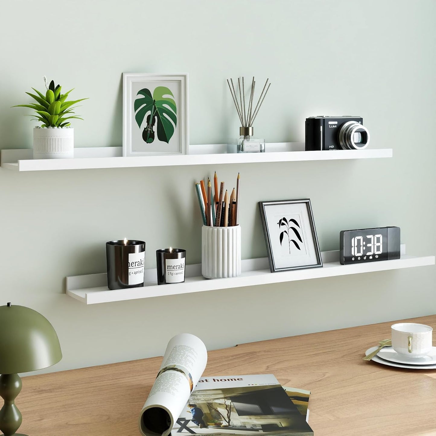 White Floating Shelves for Wall Decor, Wall Mounted Wood Storage Shelf for Bedroom, Living Room, Bathroom, Kitchen, Nursery, Display Picture Ledge Shelf with Lip Set of 2-14 Inches, White