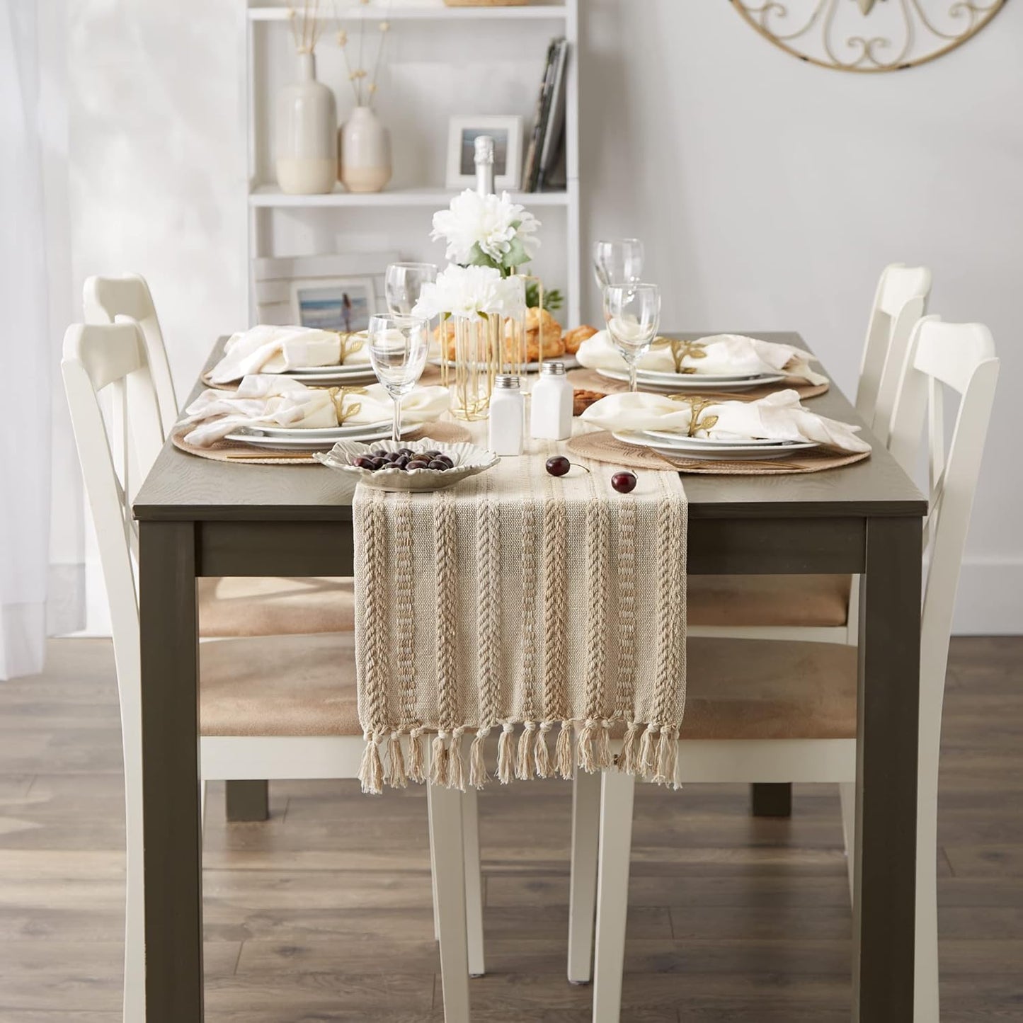 DII Farmhouse Braided Stripe Table Runner Collection, 15x72 (15x77, Fringe Included), Black