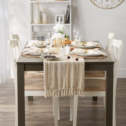 DII Farmhouse Braided Stripe Table Runner Collection, 15x72 (15x77, Fringe Included), Black