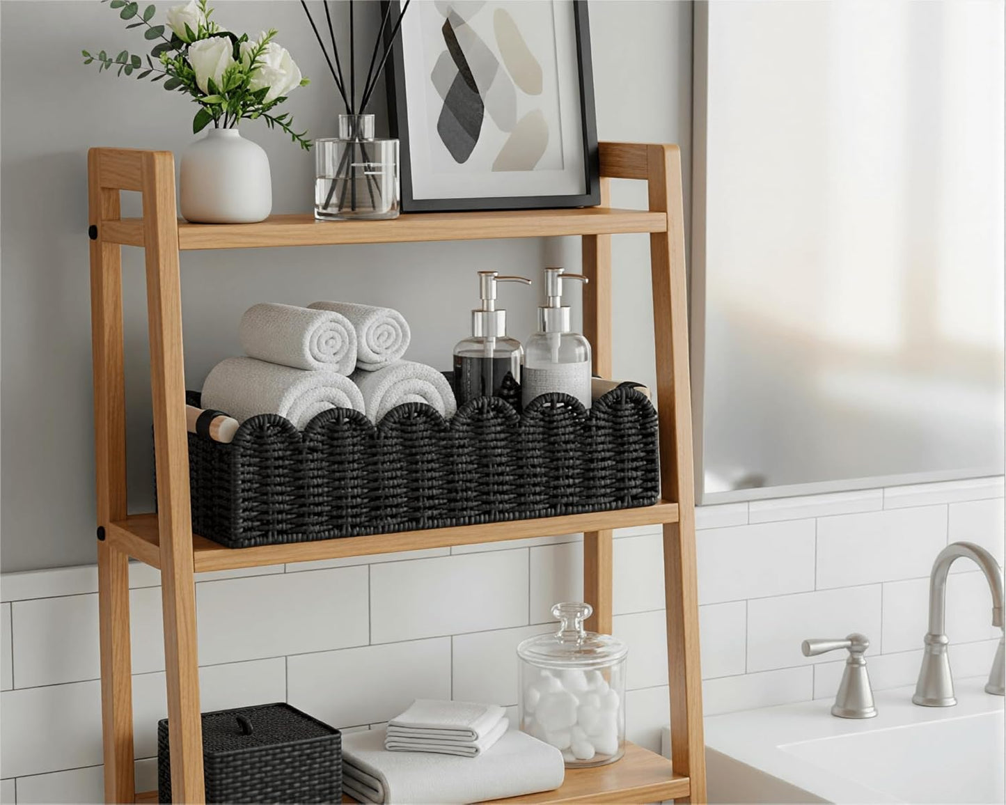 CubesLand Paper Rope Scalloped Edge Toilet Paper Storage Basket, Small Living Room, Bedroom Decor Baskets for Over Toilet Storage Shelf, End Table, Shelves and More, with 2 Wooden Handle, Neutral