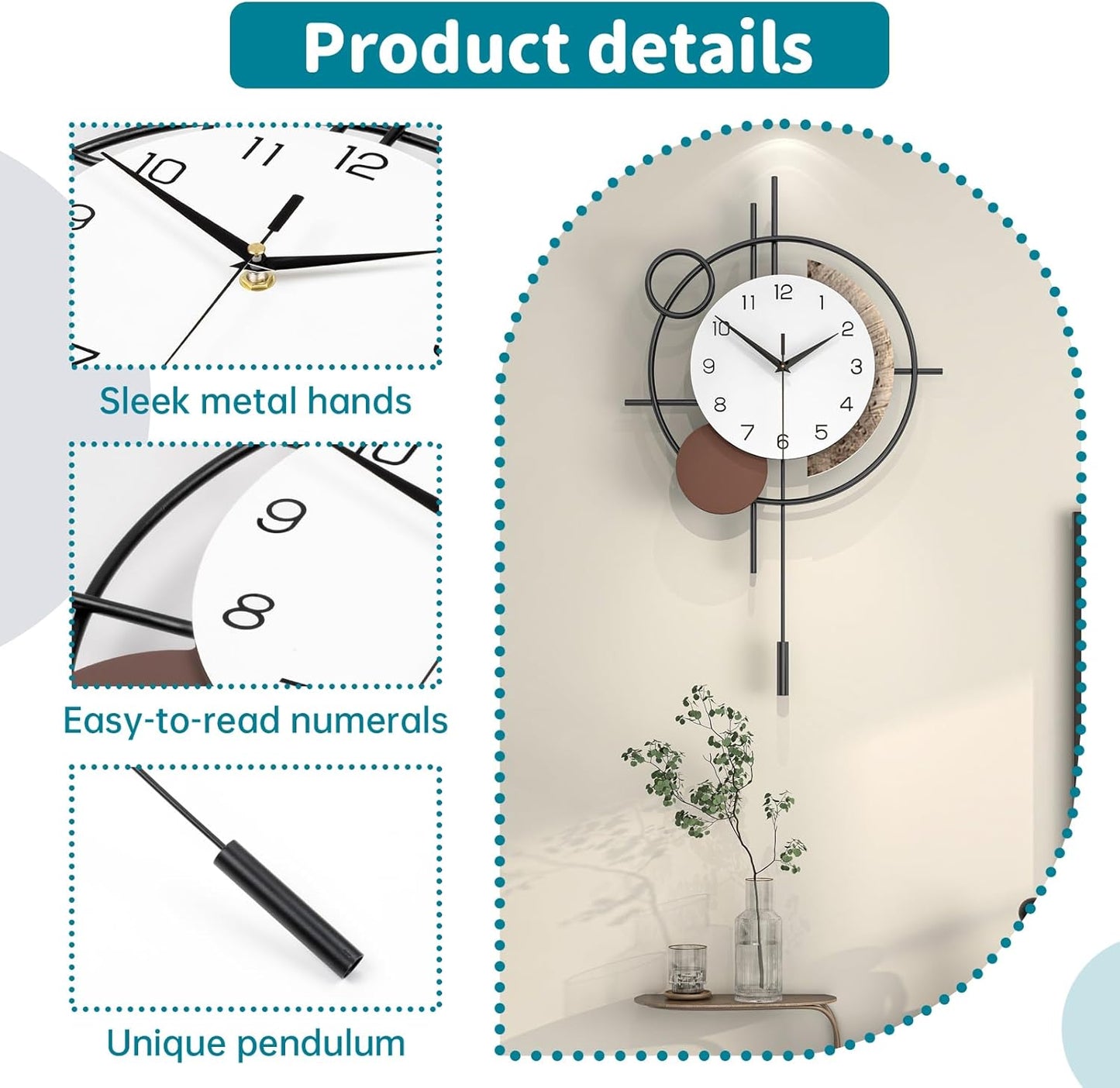 Wall Clock for Living Room Decor Decorative Wall Clock with Pendulum Silent Quartz Battery Operated Black Metal Large Clock for Dining Room,Kitchen,Home,Bathroom,Bedroom,13.8x21.3 in