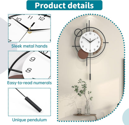 Wall Clock for Living Room Decor Decorative Wall Clock with Pendulum Silent Quartz Battery Operated Black Metal Large Clock for Dining Room,Kitchen,Home,Bathroom,Bedroom,13.8x21.3 in