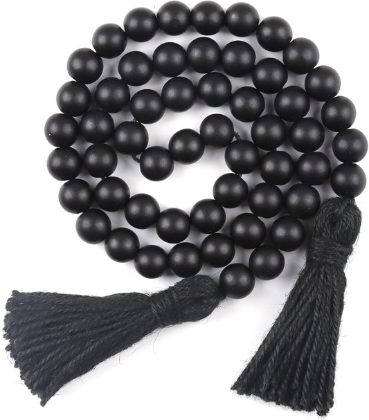 RAMIRABI Wood Beads Garland with Tassels Farmhouse Rustic Prayer Boho Beads for Boho Home Decor, Wall Hanging Decoration (Black)