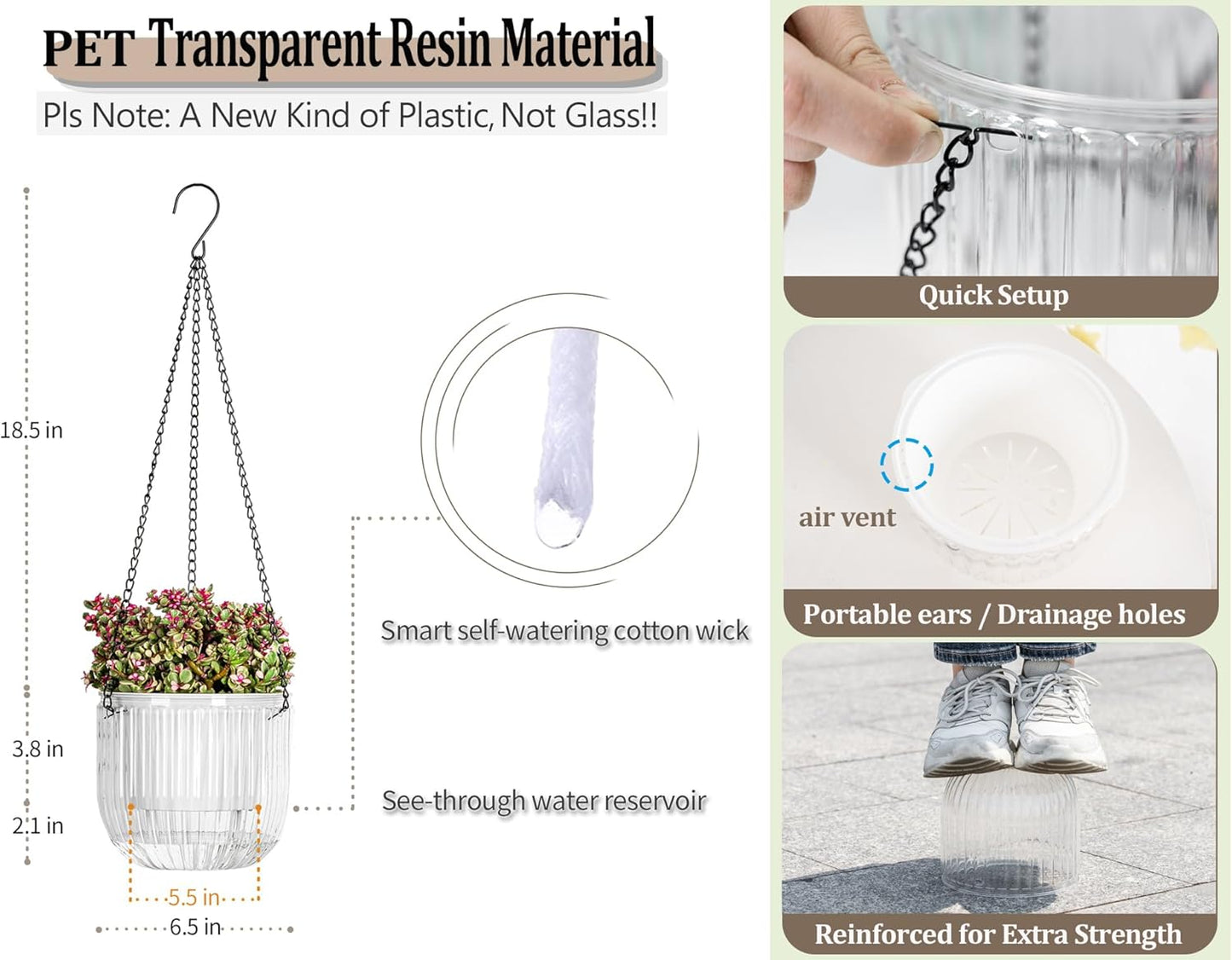 Melphoe 2 Pack Self Watering Hanging Planters Indoor Flower Pots, 6.5 Inch Outdoor Hanging Basket, Plant Hanger with 3Hooks Drainage Holes for Garden Home (Emerald)