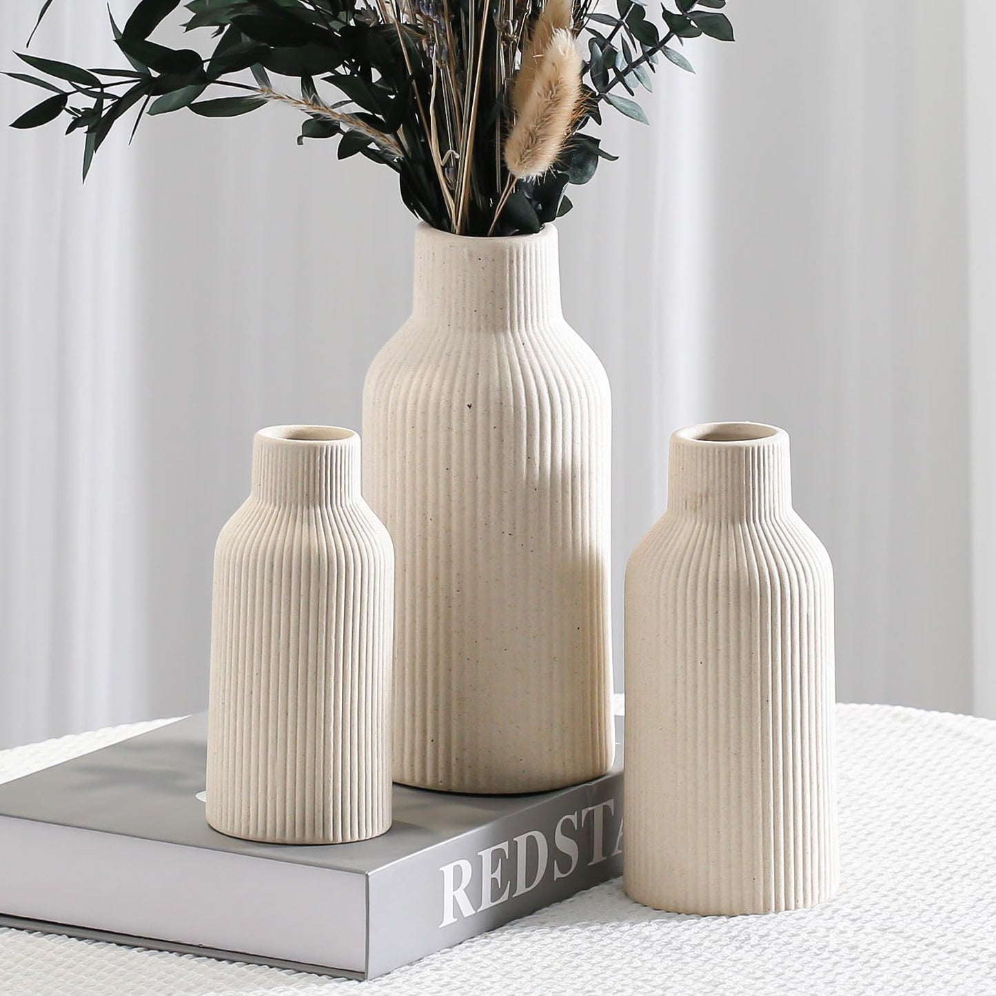 Bohemian White Ceramic Vase - for Pampas Grass, Mantel, Bookshelf, Entryway and Living Room Decor (White, 7in)