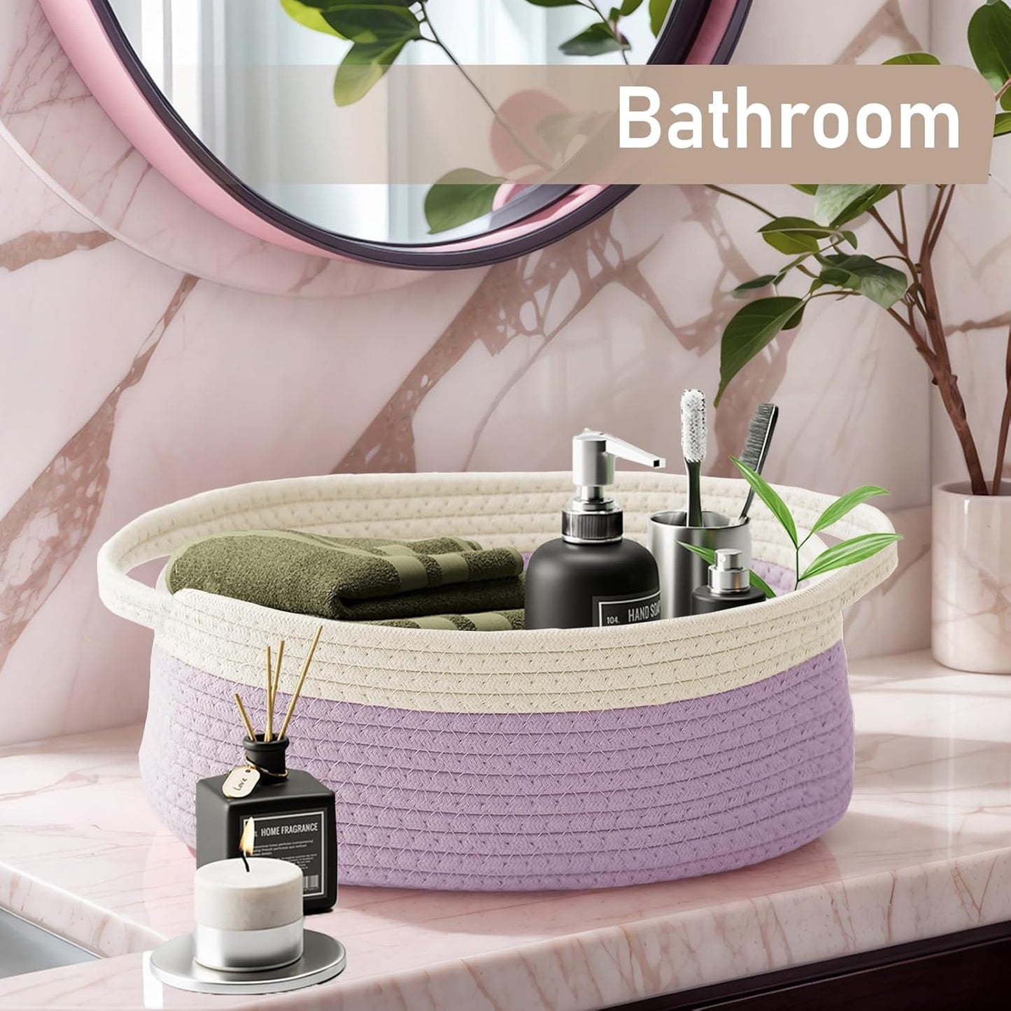 JMvicyroam Woven Basket,Small Rope Storage Bin with Handles & Ribbon Bag, Organizer for Shelves Closets,Gift Basket Empty for Birthday,Books,Dog Toys,White