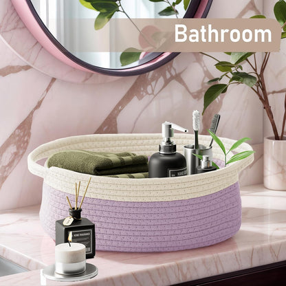 JMvicyroam Woven Basket,Small Rope Storage Bin with Handles & Ribbon Bag, Organizer for Shelves Closets,Gift Basket Empty for Birthday,Books,Dog Toys,White
