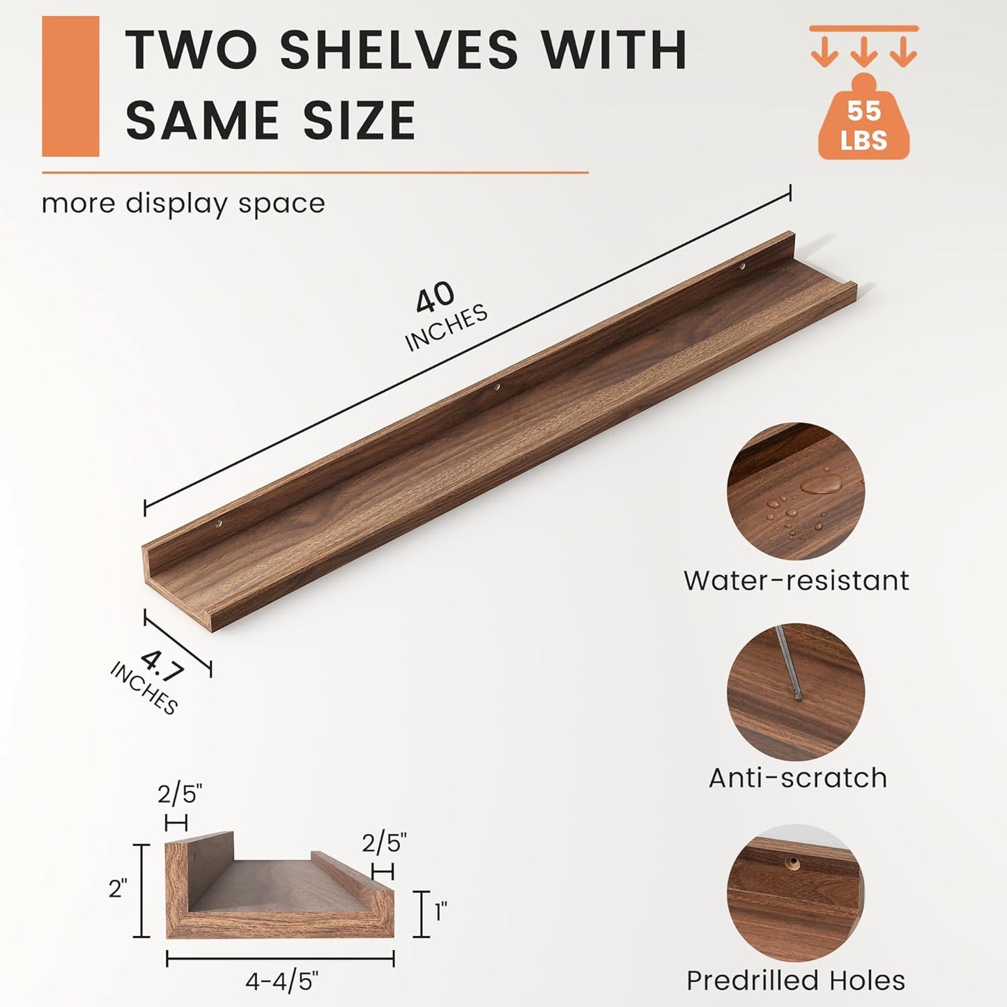 FLYJOE Picture Ledge Shelf, Floating Shelves Set of 2, 48 Inches Long Large Nursery Book Shelves for Toys Storage, Kids Bookshelf Wall Mounted for Living Room Bedroom Decor Books Photo Frames, Walnut