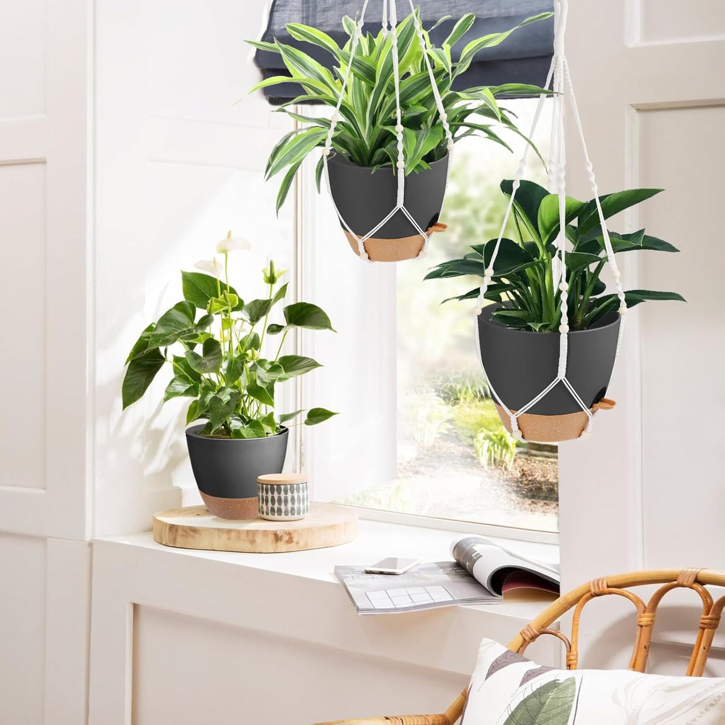 Vanslogreen Hanging Planters for Indoor Outdoor Plants, 2 Pack Self Watering Hanging Pot with Drainage Holes & Removable Tray (Black, 8'')